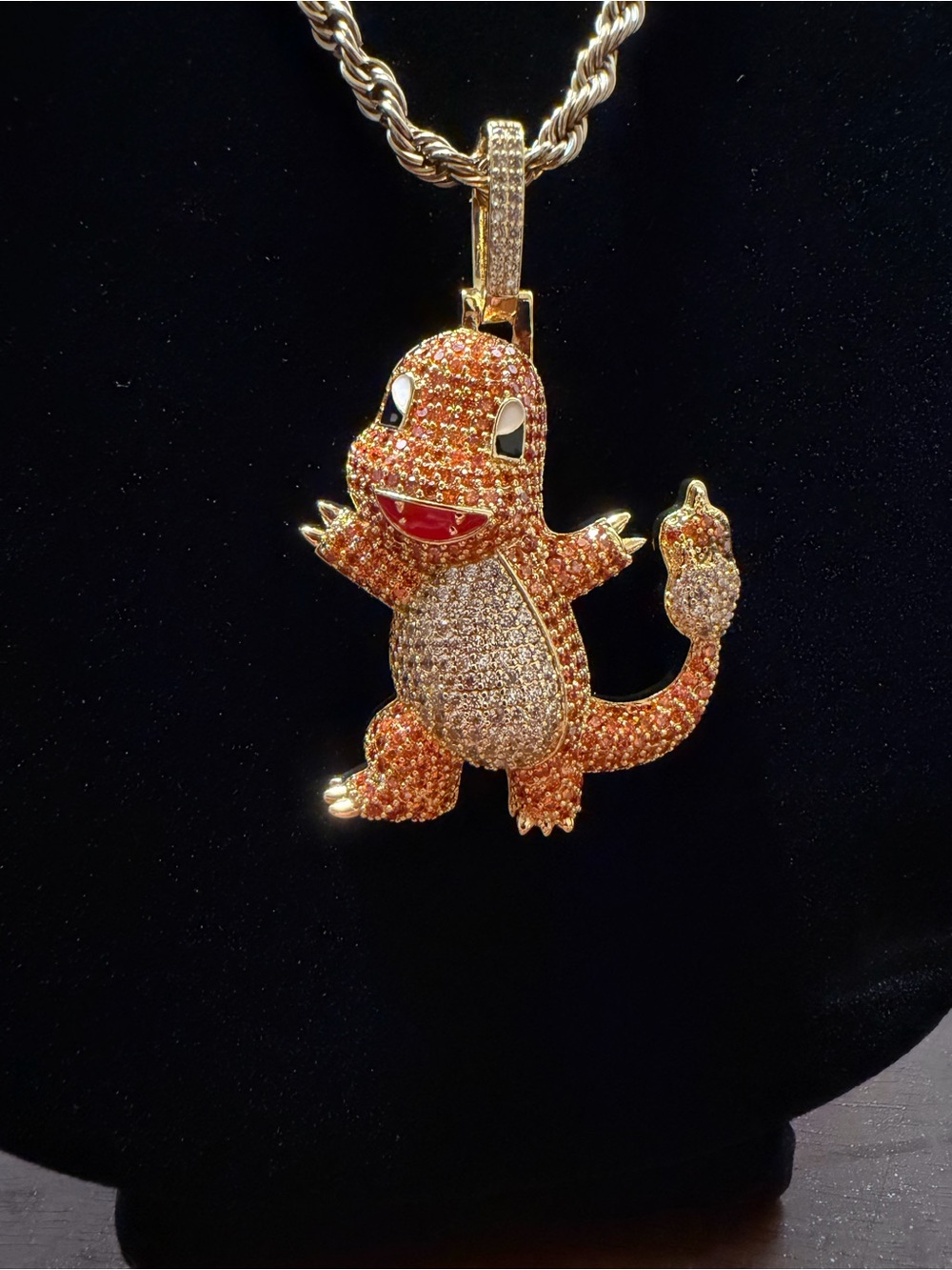14K Gold-Plated Charizard-Inspired Pendant – 5A CZ Stones & 24” Rope Chain